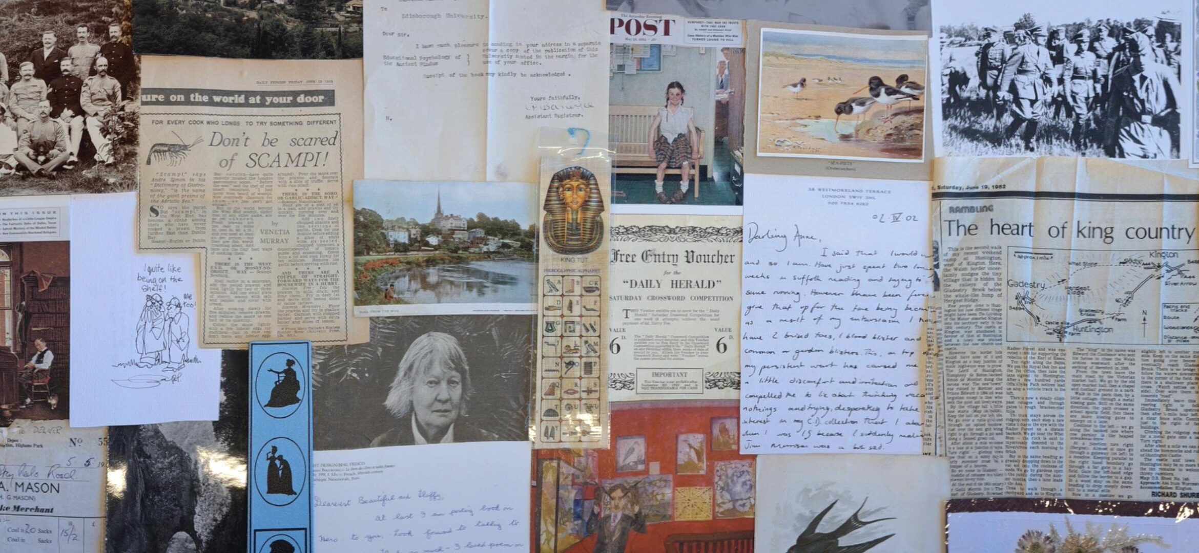 A collection of ephemera collected at the bookshop. Some photographs, newspaper cuttings and postcards are all carefully placed to interlock with eachother