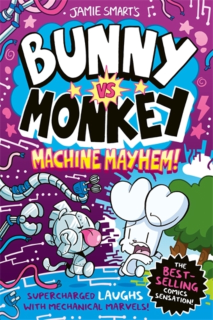 Bunny Vs Monkey Machine Mayhem. Bright purple busy cover