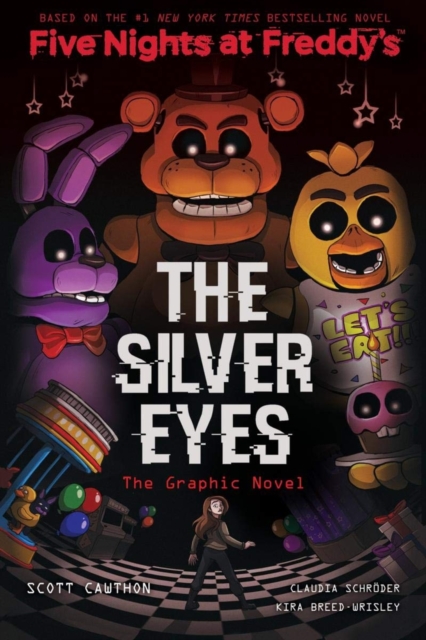 The Silver eyes. 3 cartoon animals stare out. At the bottom of the image is a small figure, stood on black and white checked flooring looking scared