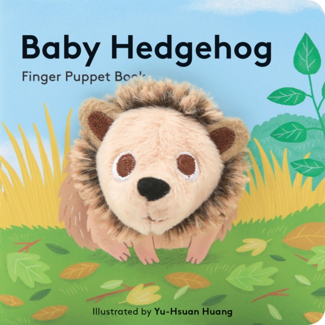 Baby hedgehog. Finger puppet of hedgehog is central, with grass and sky around