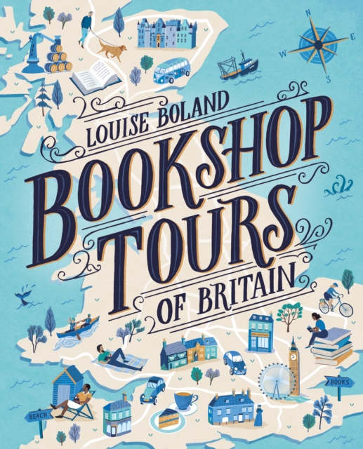 Bookshop Tours. Blue background with an off white map of Britain showing small drawings of attractions. Bold black text in centre