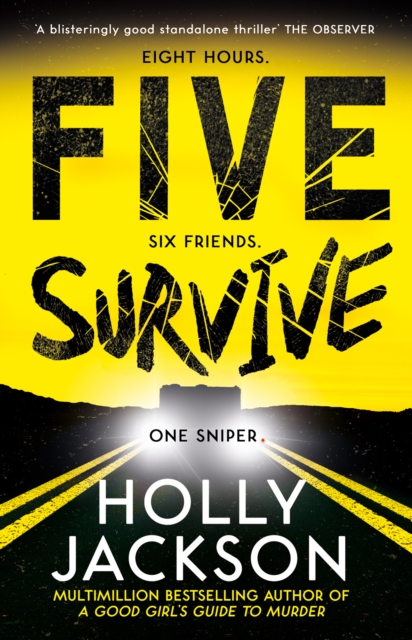 Five survive. Yellow and black cover. Bottom half is a black road, with headlights in the centre