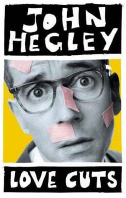 Love Cuts. A black and white image of a man covers most of the page- he wears glasses and is staring straight out, with pink plasters stuck on his face randomly