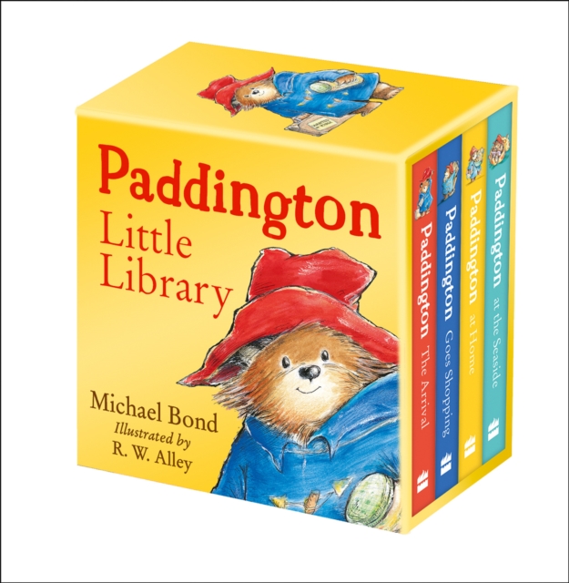 Paddington little library. Photo shows the set of books, with a yellow hard case, and an image of paddington bear on the front