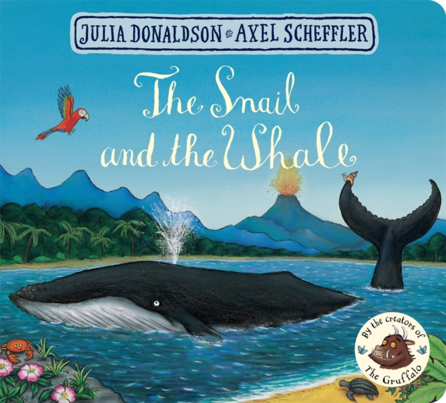 Snail and the whale. Blue whale is central in some water, with mountains and blue sky in the background.