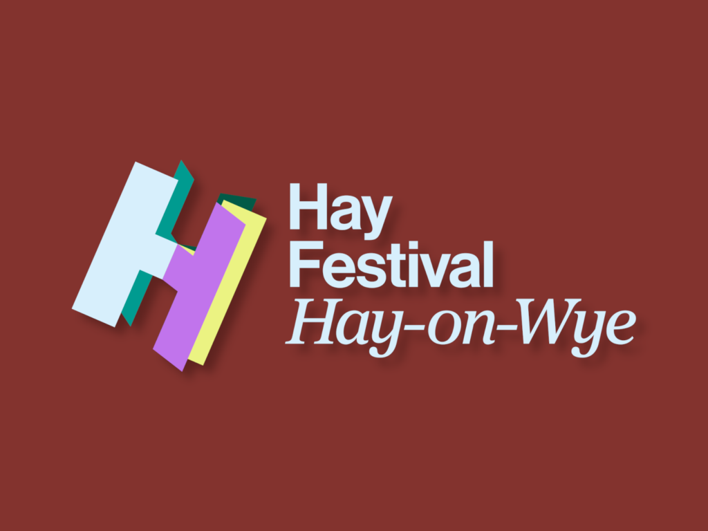 The Hay Festival logo styled against a background with the brand colours of Richard Booth's Bookshop.